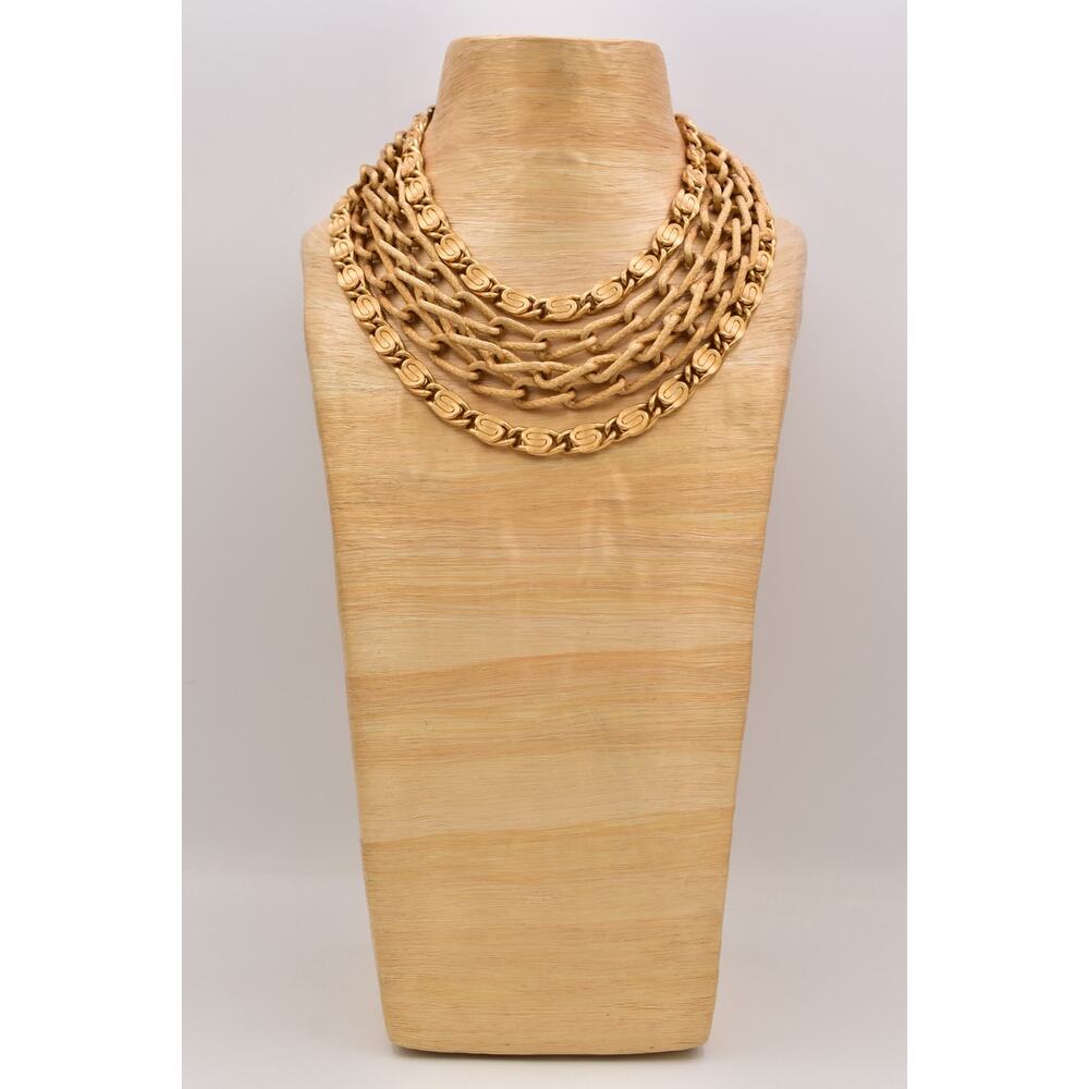 Vintage 1980s Gold Multi Strand Chain Necklace Bow Bib Statement Collar 80s BinT - Picture 8 of 12